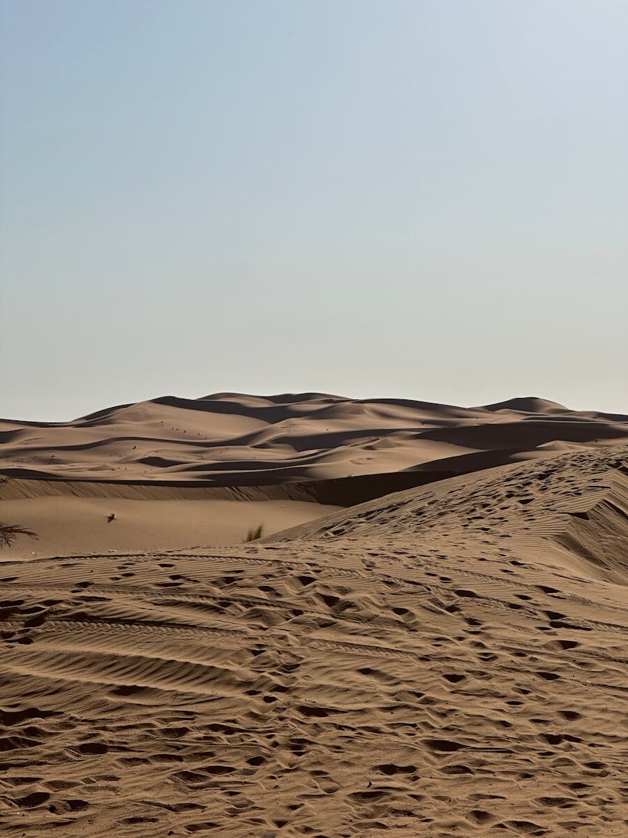 Explore the vast and tranquil dunes of the Sahara Desert under clear blue skies.
