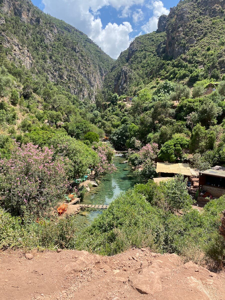 Scenic view of a lush green valley with a river running through, surrounded by mountains.